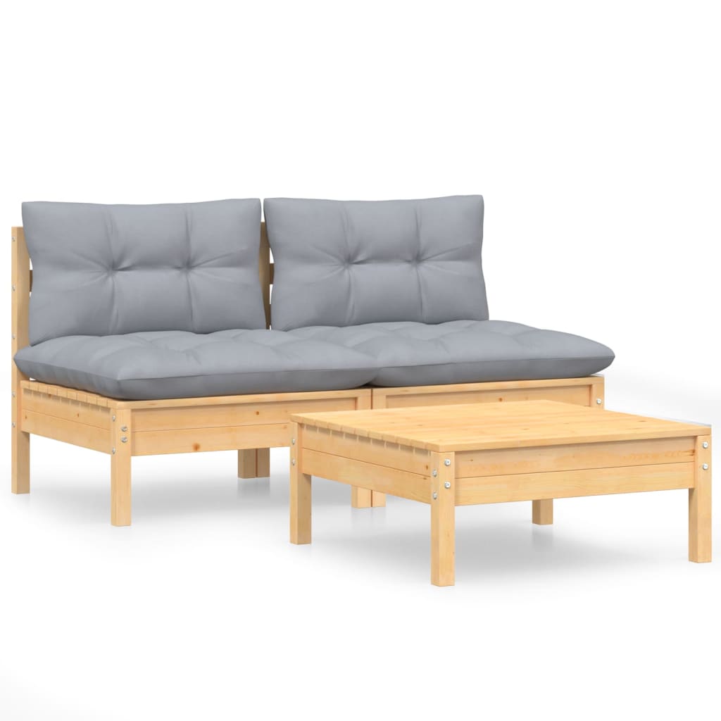3-tlg. Garten-Lounge-Set mit Grauen Kissen Kiefernholz