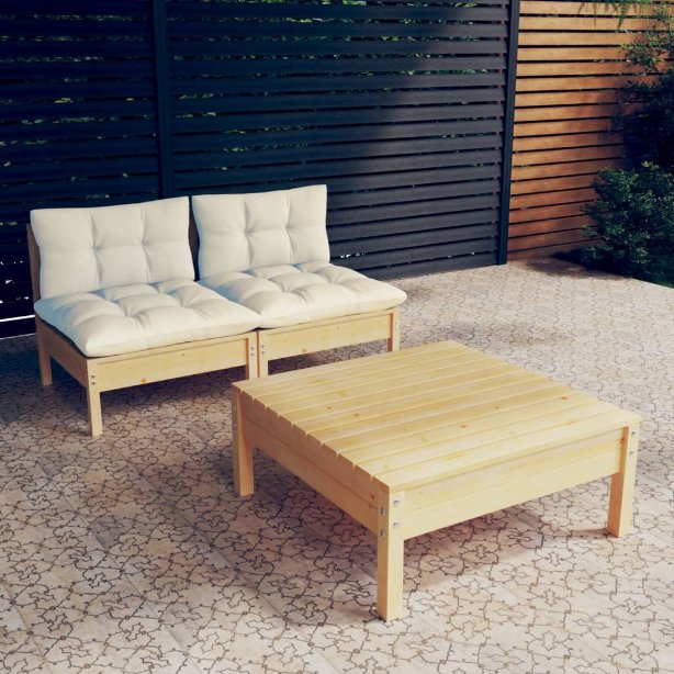 3-tlg. Garten-Lounge-Set mit Grauen Kissen Kiefernholz