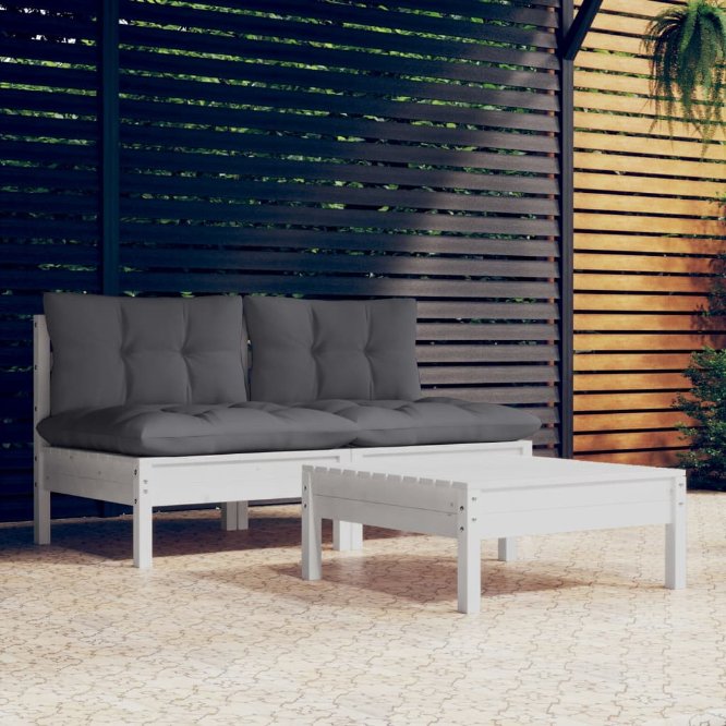 3-tlg. Garten-Lounge-Set mit Grauen Kissen Kiefernholz
