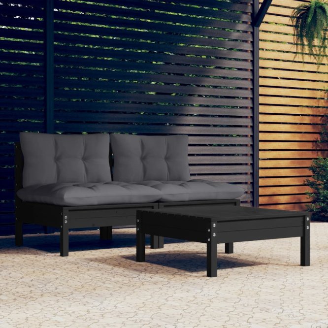 3-tlg. Garten-Lounge-Set mit Grauen Kissen Kiefernholz
