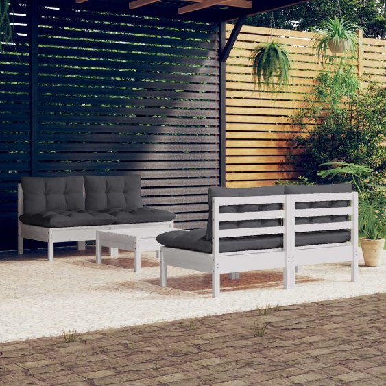 5-tlg. Garten-Lounge-Set mit Grauen Kissen Kiefernholz