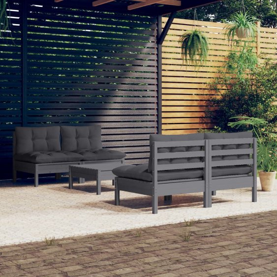 5-tlg. Garten-Lounge-Set mit Grauen Kissen Kiefernholz