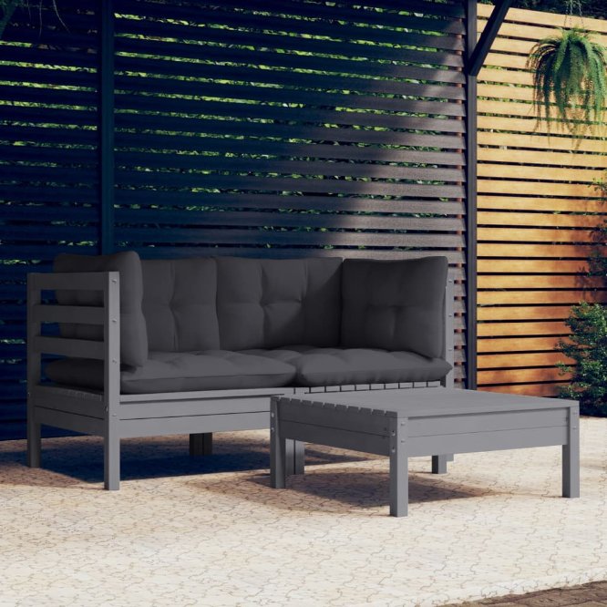 3-tlg. Garten-Lounge-Set mit Grauen Kissen Kiefernholz