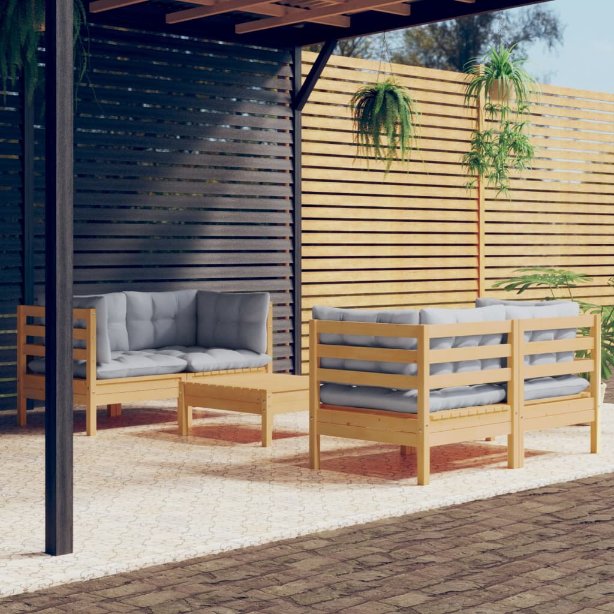 5-tlg. Garten-Lounge-Set mit Grauen Kissen Kiefernholz