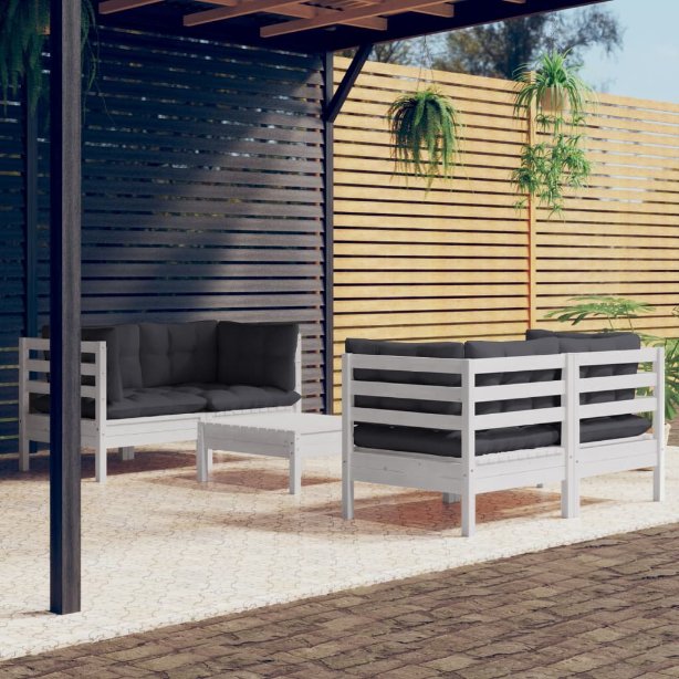 5-tlg. Garten-Lounge-Set mit Grauen Kissen Kiefernholz