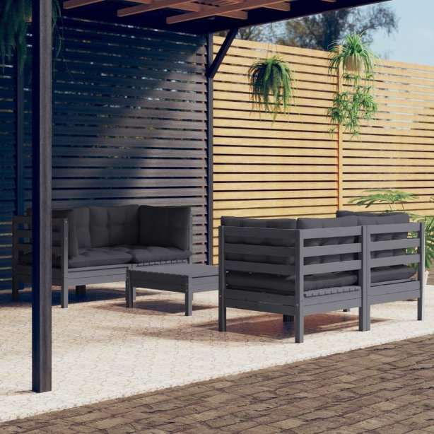 5-tlg. Garten-Lounge-Set mit Grauen Kissen Kiefernholz