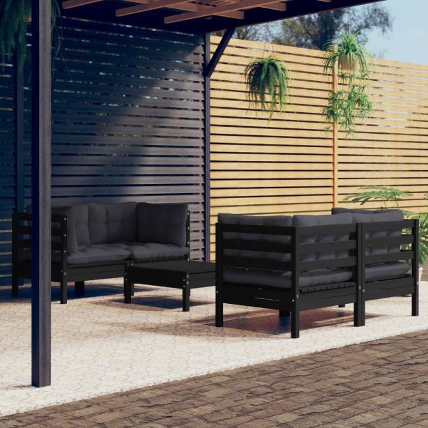 5-tlg. Garten-Lounge-Set mit Grauen Kissen Kiefernholz