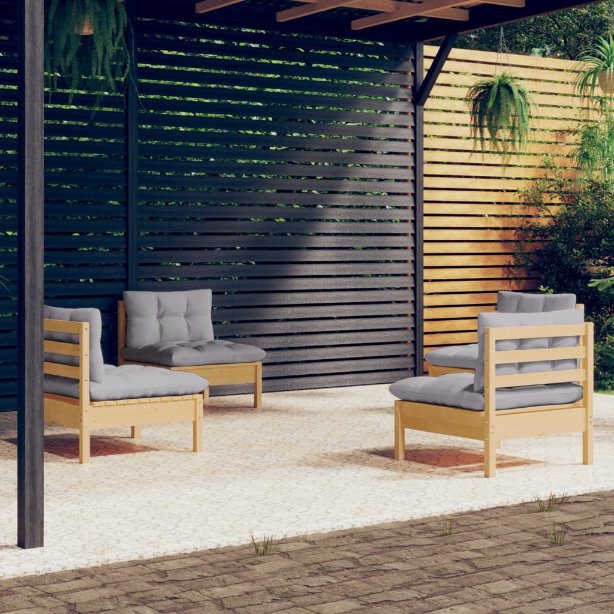 4-tlg. Garten-Lounge-Set mit Grauen Kissen Kiefernholz