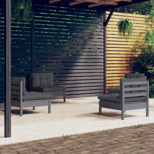 4-tlg. Garten-Lounge-Set mit Grauen Kissen Kiefernholz