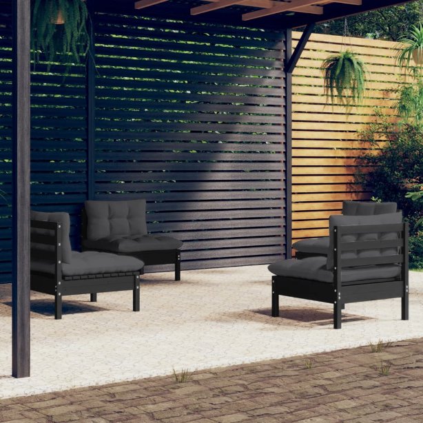 4-tlg. Garten-Lounge-Set mit Grauen Kissen Kiefernholz
