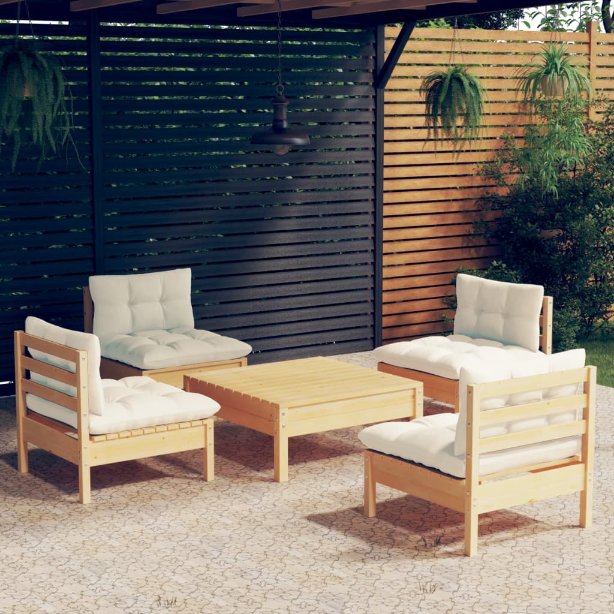 5-tlg. Garten-Lounge-Set mit Grauen Kissen Kiefernholz