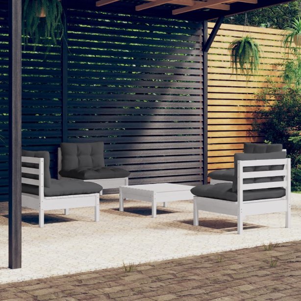 5-tlg. Garten-Lounge-Set mit Grauen Kissen Kiefernholz