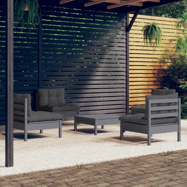 5-tlg. Garten-Lounge-Set mit Grauen Kissen Kiefernholz