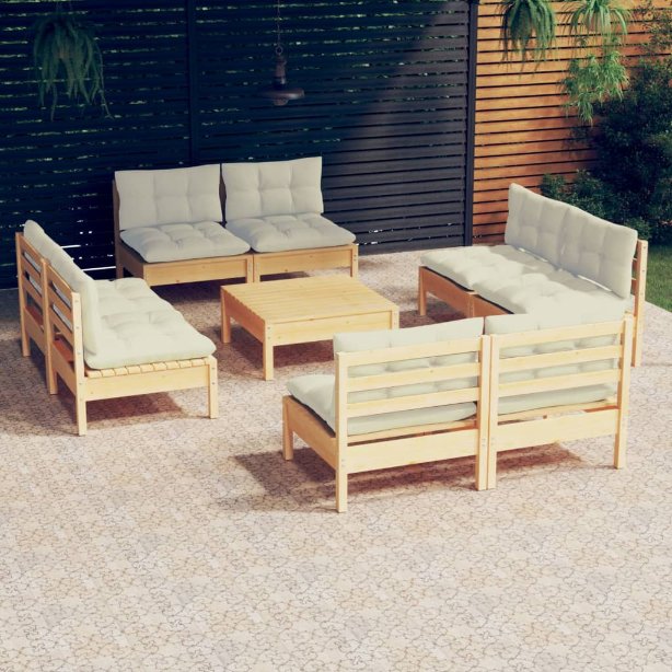 9-tlg. Garten-Lounge-Set mit Grauen Kissen Kiefernholz