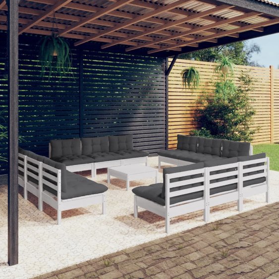 13-tlg. Garten-Lounge-Set mit Grauen Kissen Kiefernholz