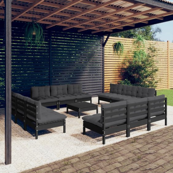 13-tlg. Garten-Lounge-Set mit Grauen Kissen Kiefernholz