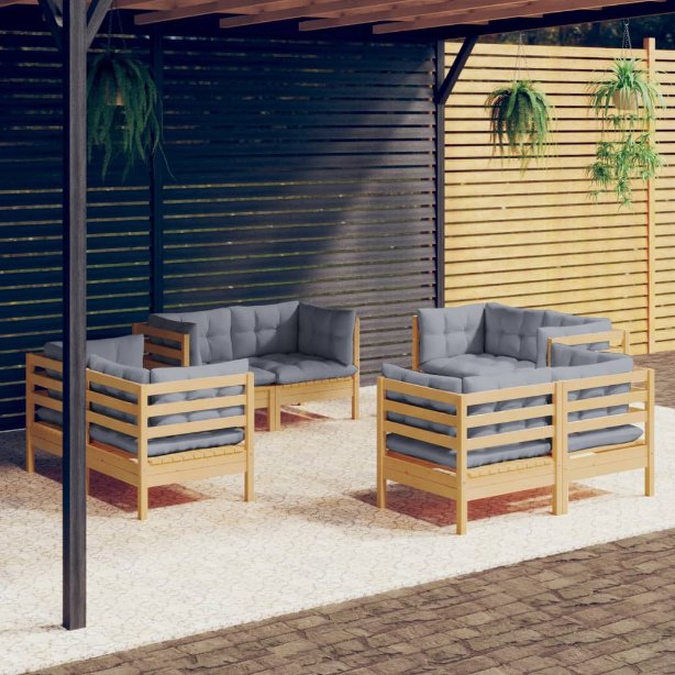 8-tlg. Garten-Lounge-Set mit Grauen Kissen Kiefernholz