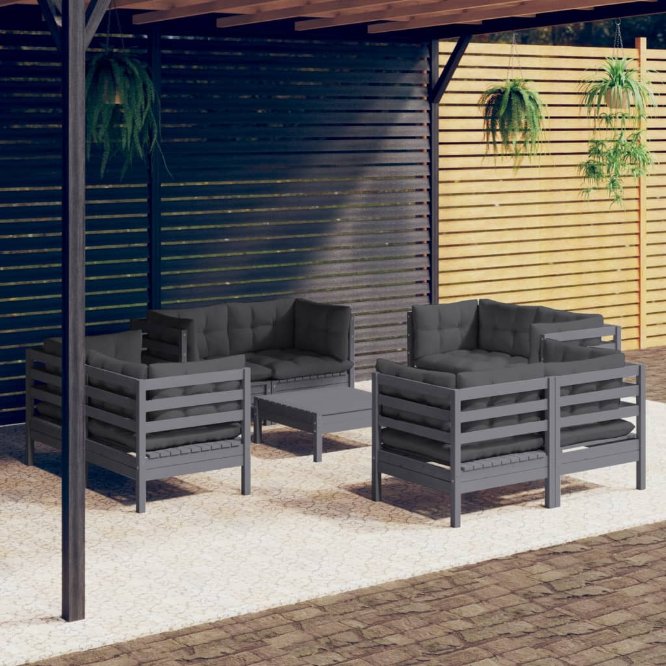 9-tlg. Garten-Lounge-Set mit Grauen Kissen Kiefernholz