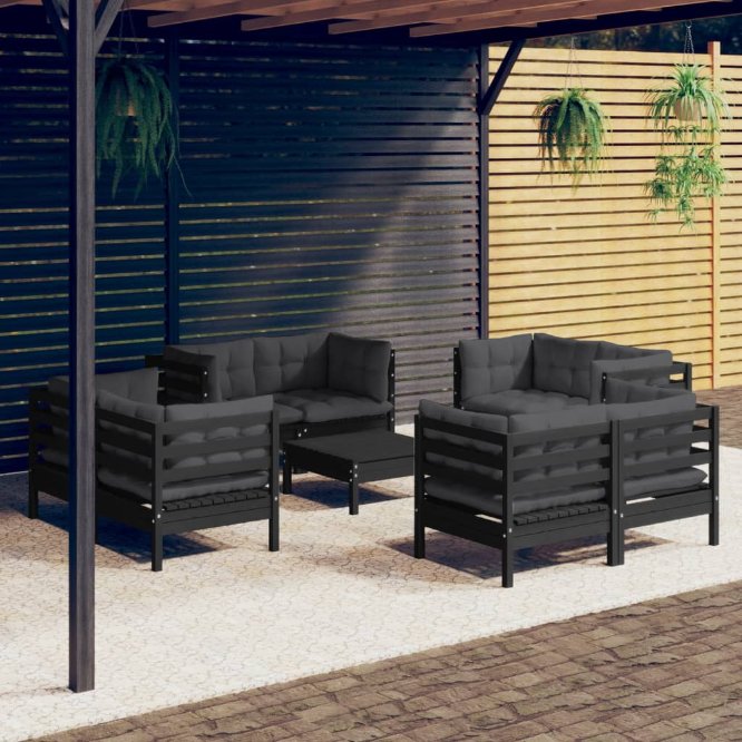 9-tlg. Garten-Lounge-Set mit Grauen Kissen Kiefernholz
