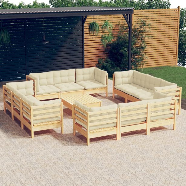 13-tlg. Garten-Lounge-Set mit Grauen Kissen Kiefernholz