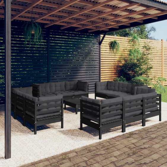 13-tlg. Garten-Lounge-Set mit Grauen Kissen Kiefernholz