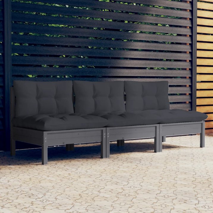 vidaXL 3-Sitzer-Gartensofa mit Grauen Kissen Massivholz Kiefer