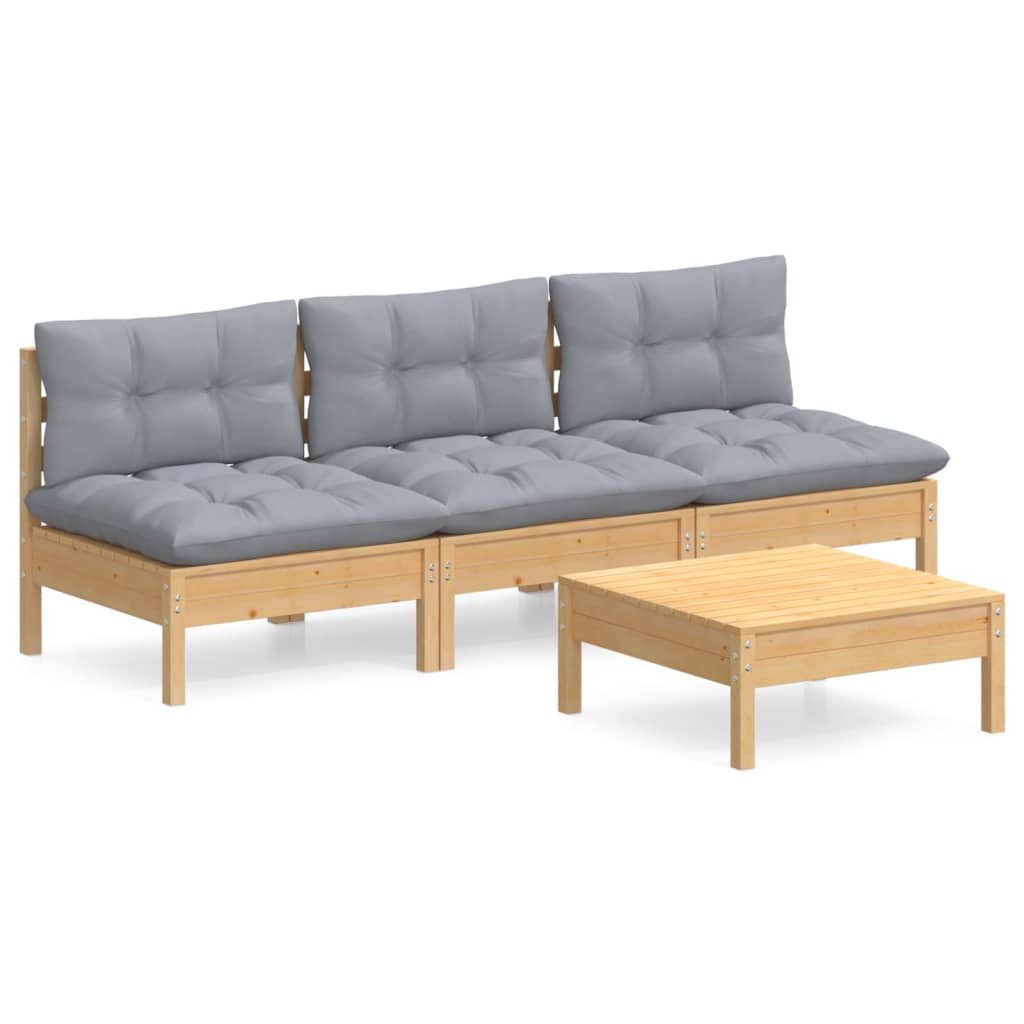 4-tlg. Garten-Lounge-Set mit Grauen Kissen Kiefernholz