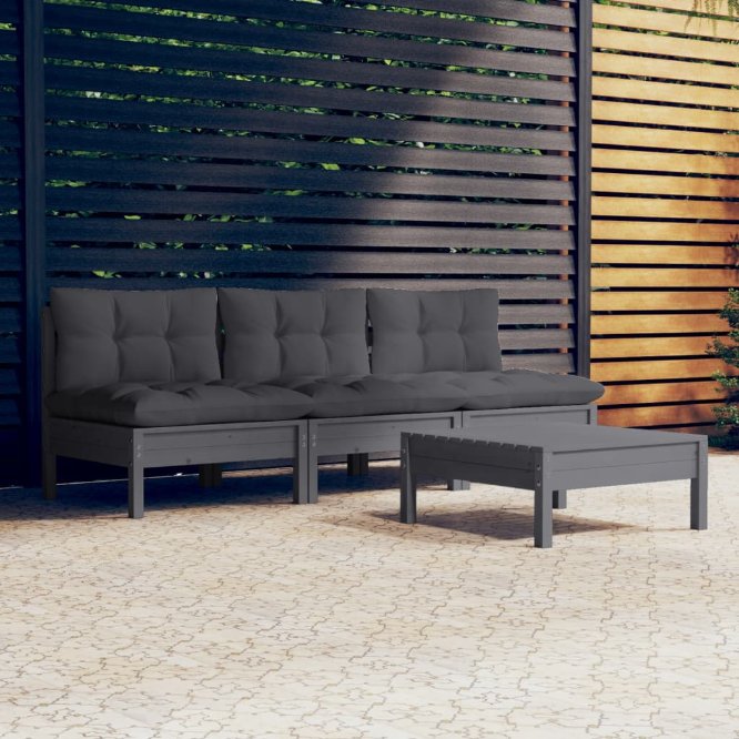 4-tlg. Garten-Lounge-Set mit Grauen Kissen Kiefernholz