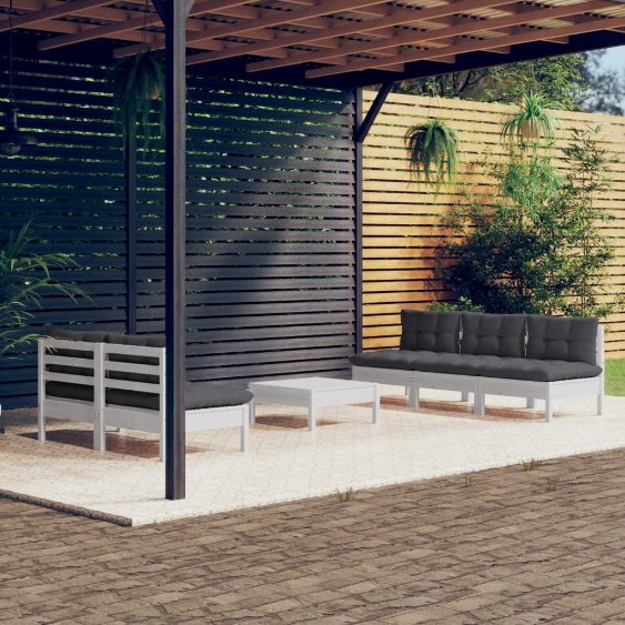 6-tlg. Garten-Lounge-Set mit Grauen Kissen Kiefernholz