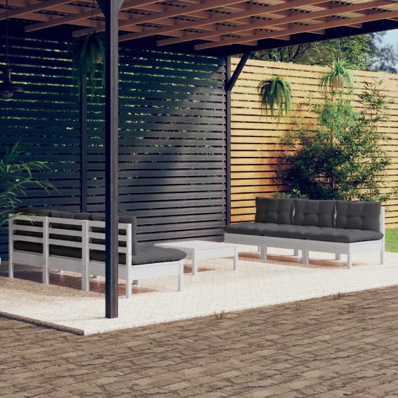 7-tlg. Garten-Lounge-Set mit Grauen Kissen Kiefernholz
