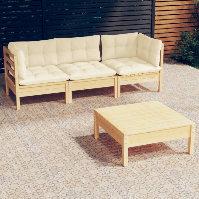 4-tlg. Garten-Lounge-Set mit Grauen Kissen Kiefernholz