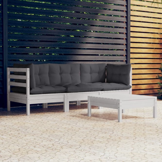 4-tlg. Garten-Lounge-Set mit Grauen Kissen Kiefernholz