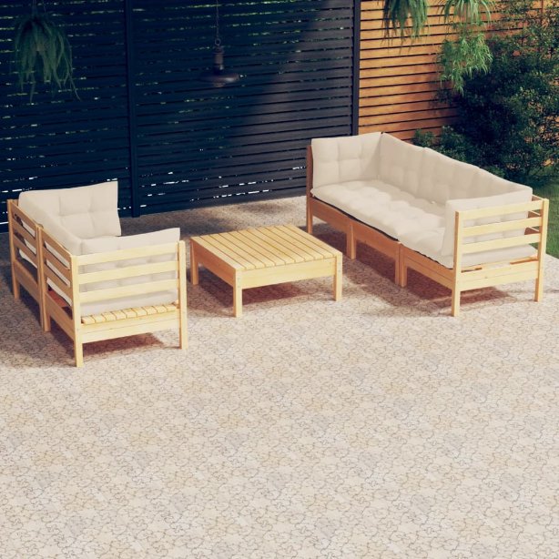 6-tlg. Garten-Lounge-Set mit Grauen Kissen Kiefernholz