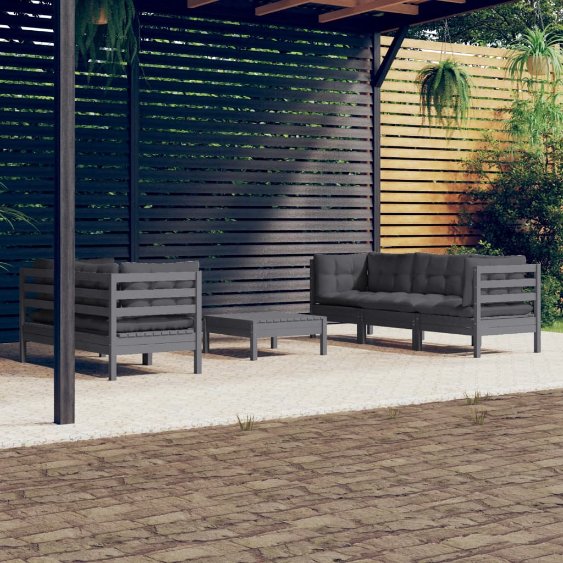 6-tlg. Garten-Lounge-Set mit Grauen Kissen Kiefernholz