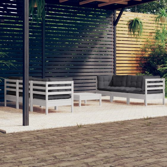 7-tlg. Garten-Lounge-Set mit Grauen Kissen Kiefernholz