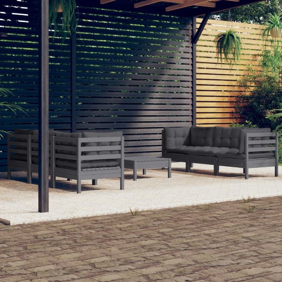 7-tlg. Garten-Lounge-Set mit Grauen Kissen Kiefernholz
