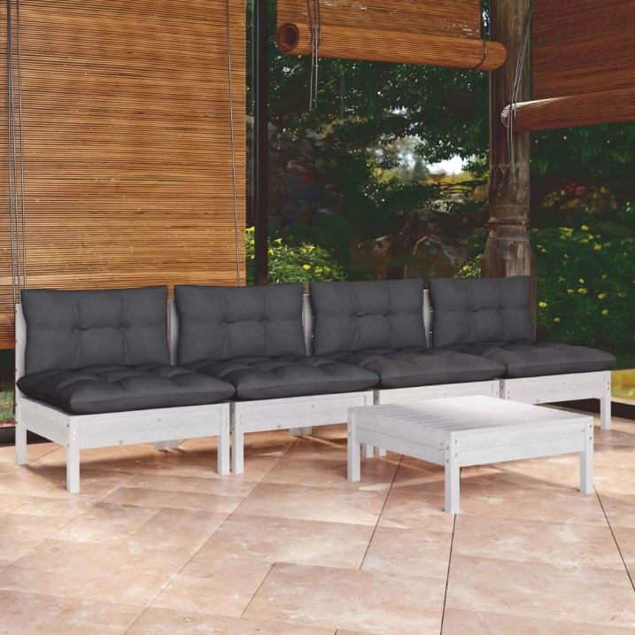 5-tlg. Garten-Lounge-Set mit Grauen Kissen Kiefernholz