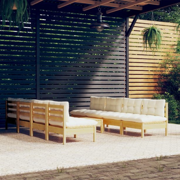 9-tlg. Garten-Lounge-Set mit Grauen Kissen Kiefer Massivholz
