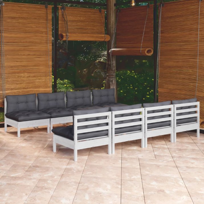 9-tlg. Garten-Lounge-Set mit Grauen Kissen Kiefer Massivholz
