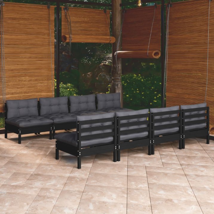9-tlg. Garten-Lounge-Set mit Grauen Kissen Kiefer Massivholz