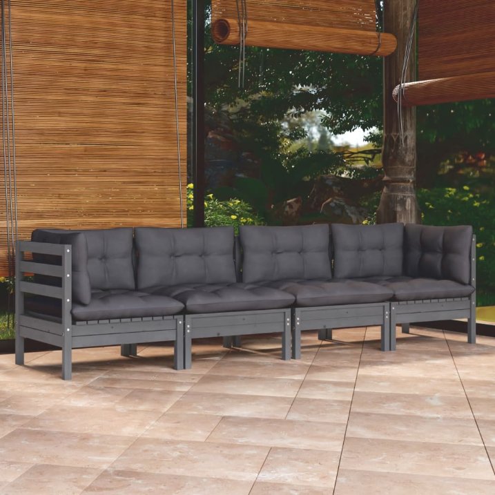 4-tlg. Garten-Lounge-Set mit Grauen Kissen Kiefer Massivholz