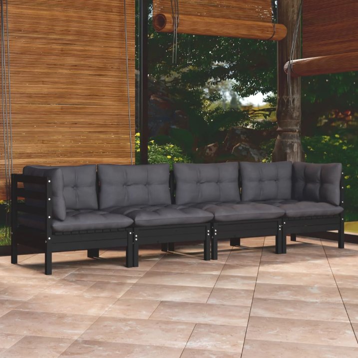4-tlg. Garten-Lounge-Set mit Grauen Kissen Kiefer Massivholz