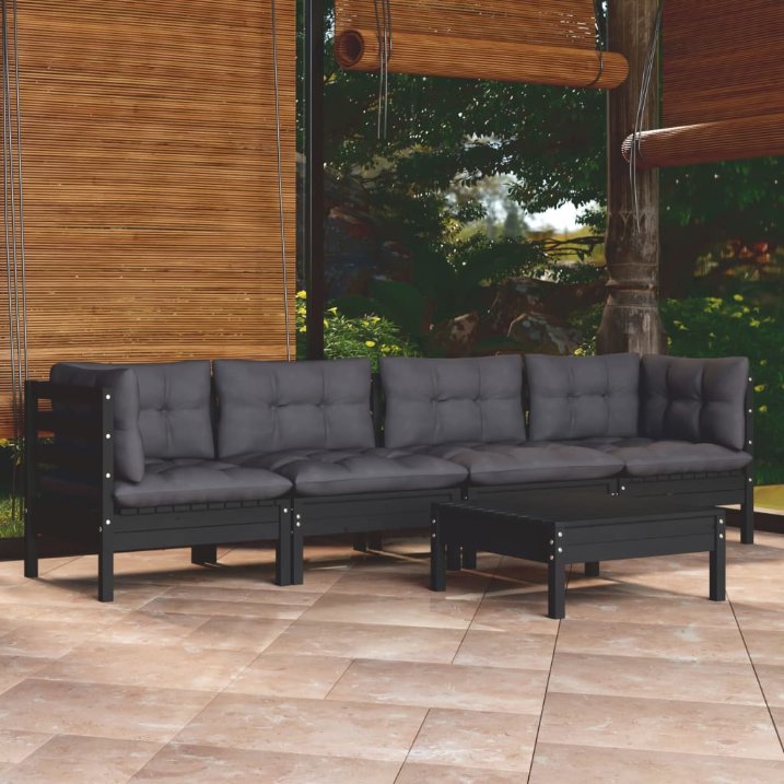 5-tlg. Garten-Lounge-Set mit Grauen Kissen Kiefer Massivholz