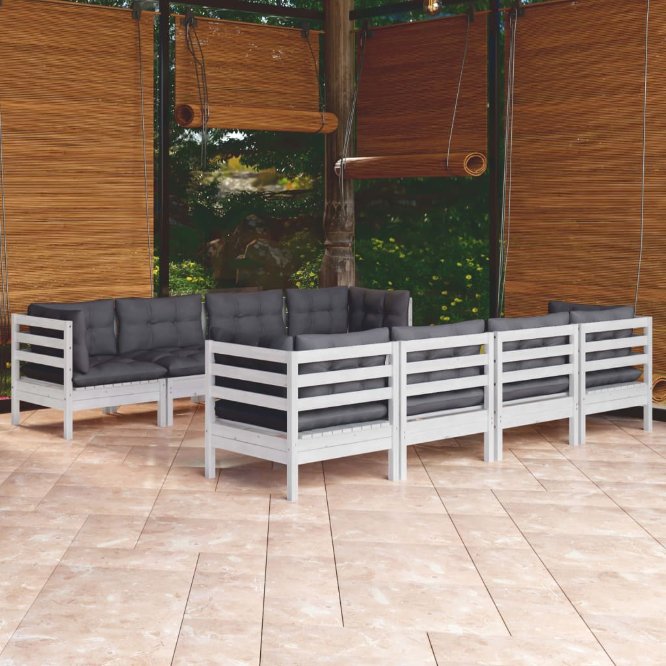 9-tlg. Garten-Lounge-Set mit Grauen Kissen Kiefer Massivholz