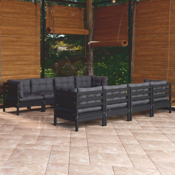 9-tlg. Garten-Lounge-Set mit Grauen Kissen Kiefer Massivholz