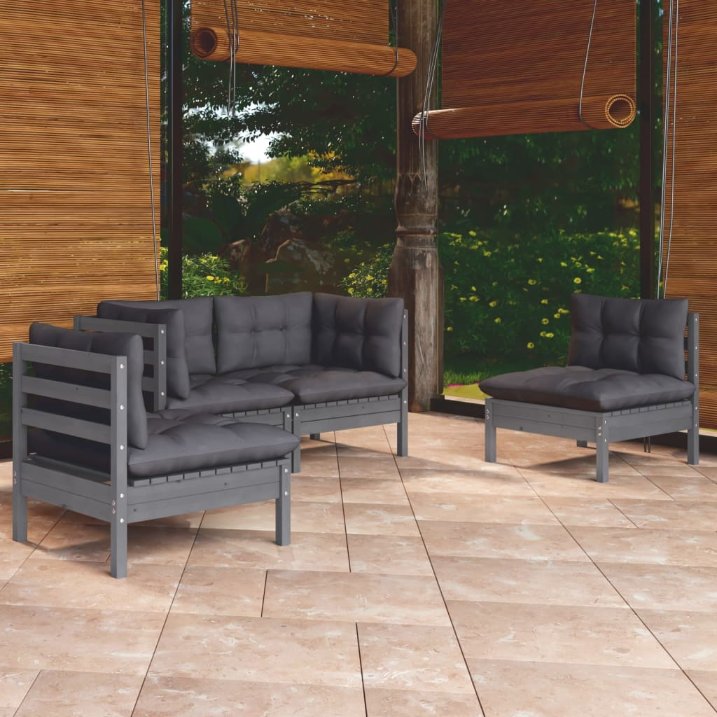 4-tlg. Garten-Lounge-Set mit Grauen Kissen Kiefer Massivholz