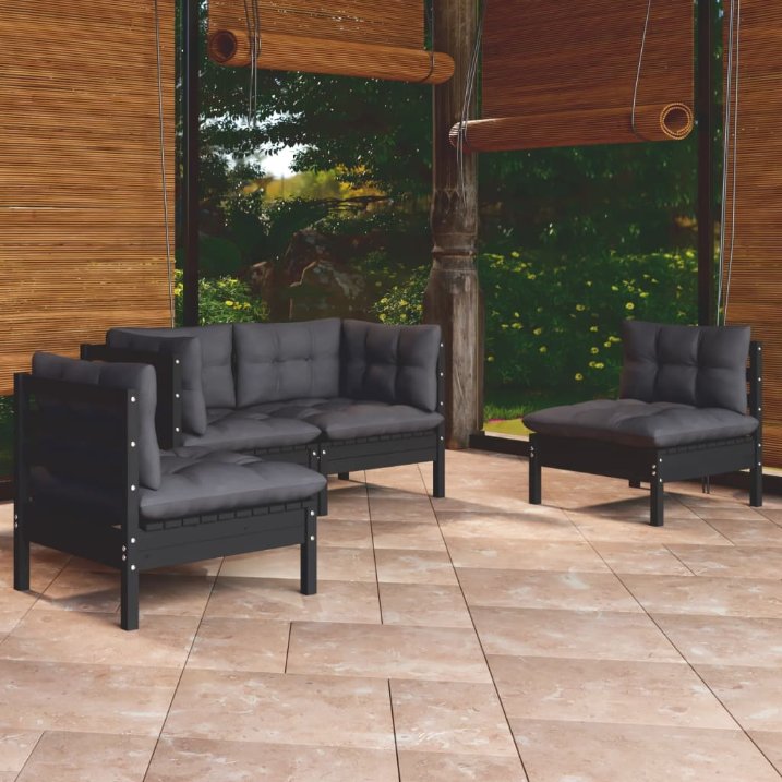 4-tlg. Garten-Lounge-Set mit Grauen Kissen Kiefer Massivholz