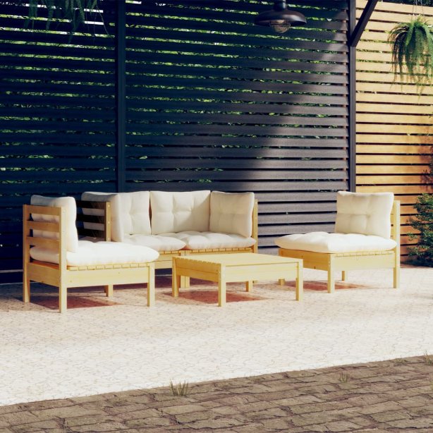 5-tlg. Garten-Lounge-Set mit Grauen Kissen Kiefer Massivholz