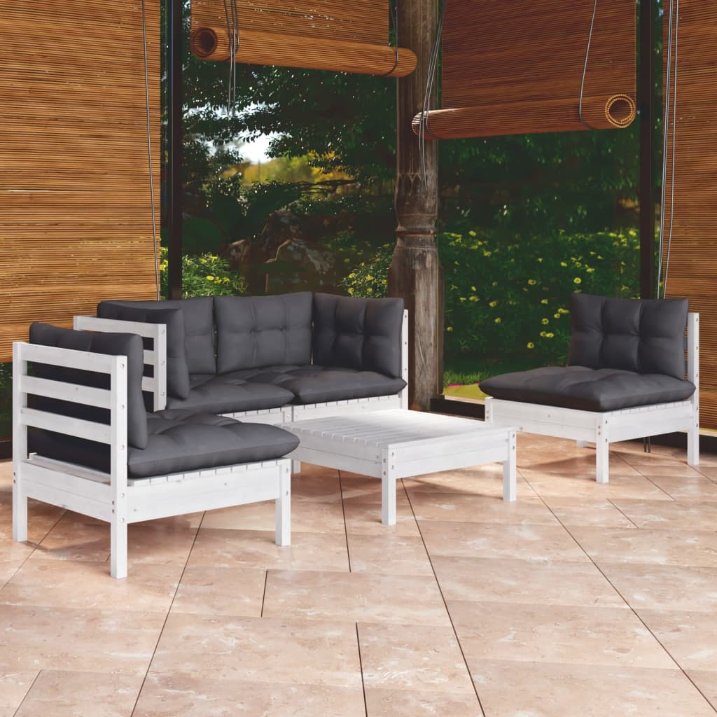 5-tlg. Garten-Lounge-Set mit Grauen Kissen Kiefer Massivholz