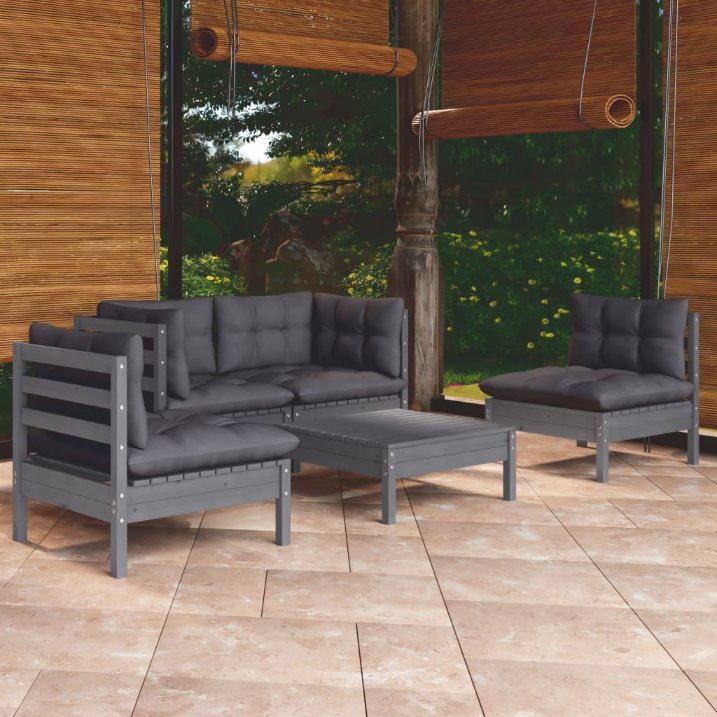 5-tlg. Garten-Lounge-Set mit Grauen Kissen Kiefer Massivholz